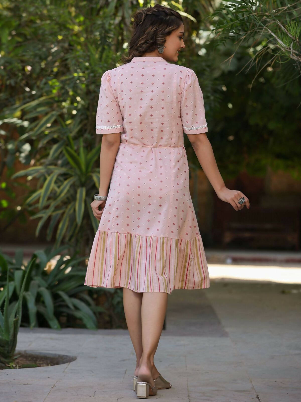 Juniper Women's Pink Cotton Printed Embroidered Flared Dress