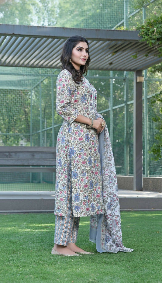BulBul Fashionista Grey Floral Cotton Kurta Set with Dupatta