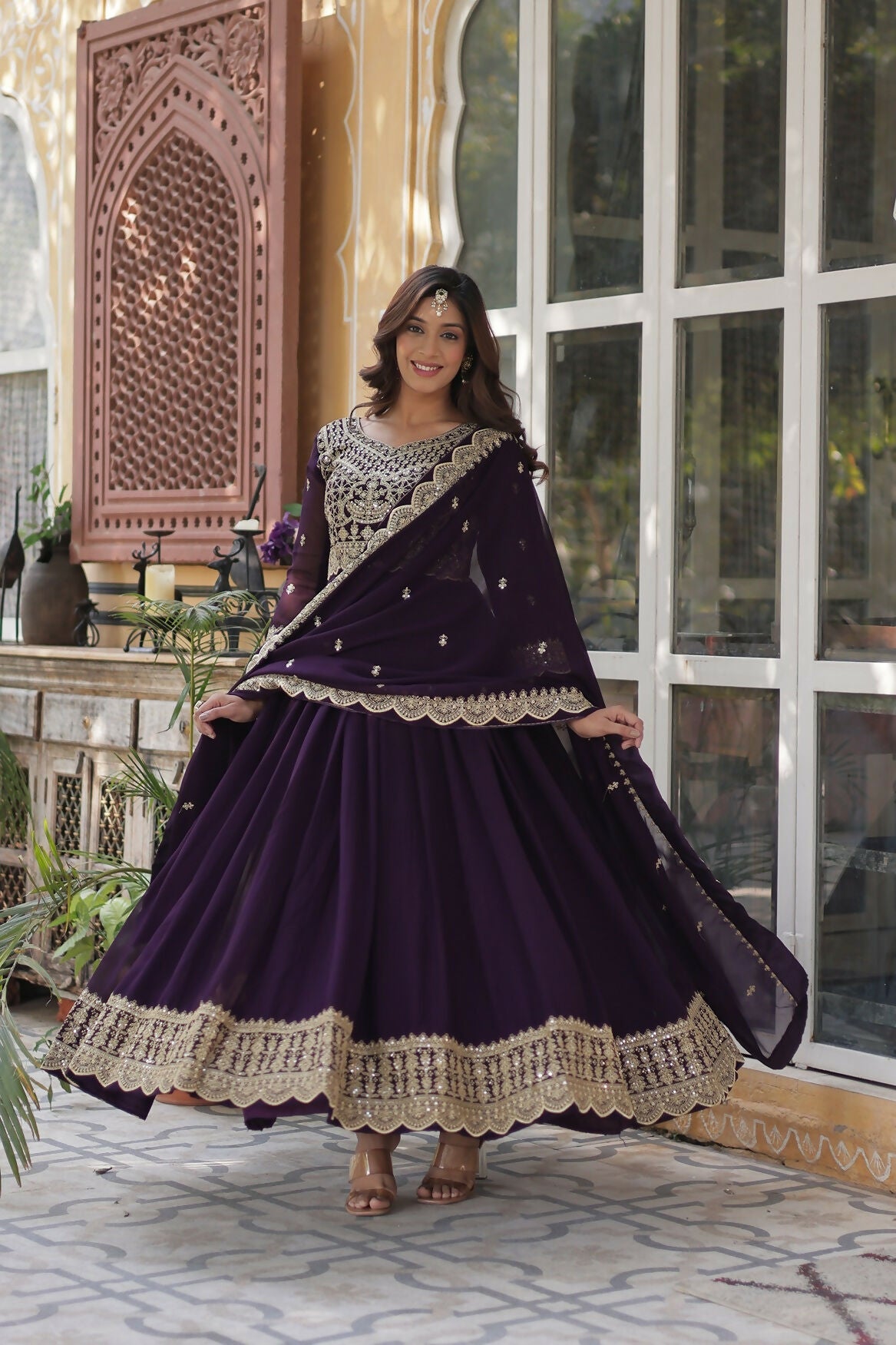 Joban Fashion Wine Georgette Sequence Embroidery Work Kurta Set