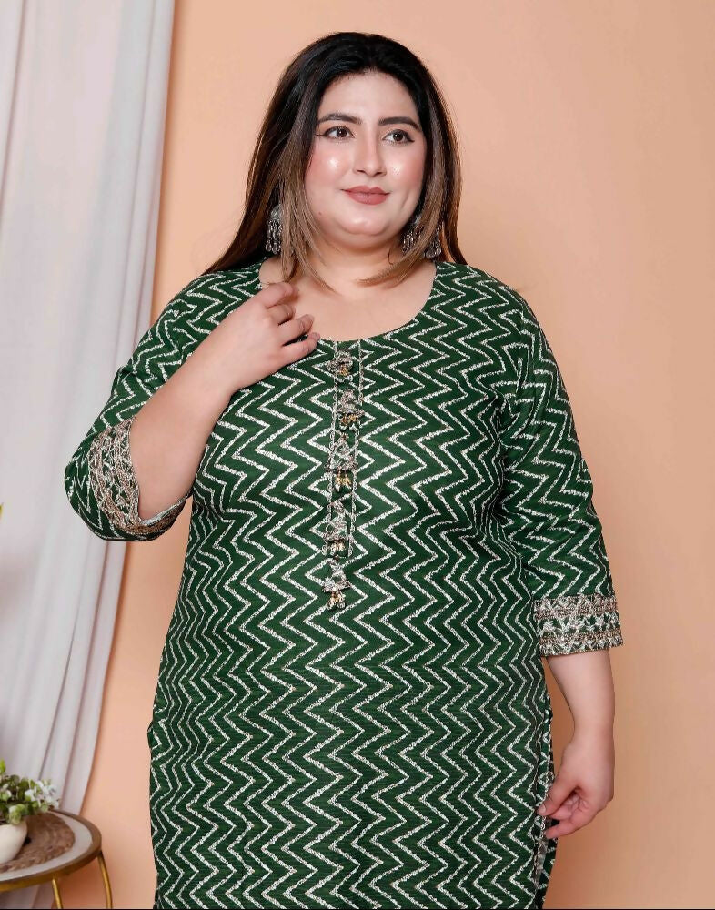 Miravan Womens Plus Size Green Zigzag Print Embroidery Rayon Straight Kurta
