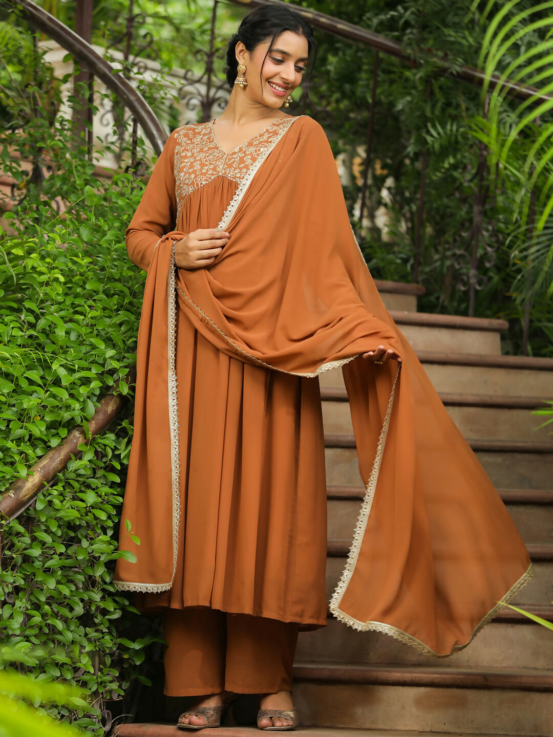 Janasya Brown Georgette Yoke Embroidery Kurta,Bottom & Dupatta 