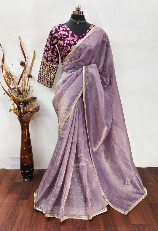 Teeya Creation Onion Color Gold Crush Tissue Saree With Lace Border