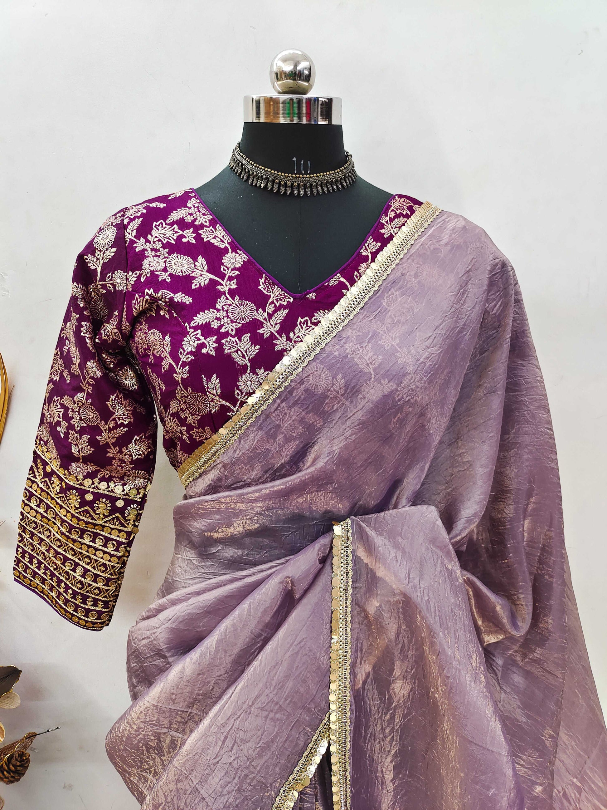 Teeya Creation Onion Color Gold Crush Tissue Saree With Lace Border