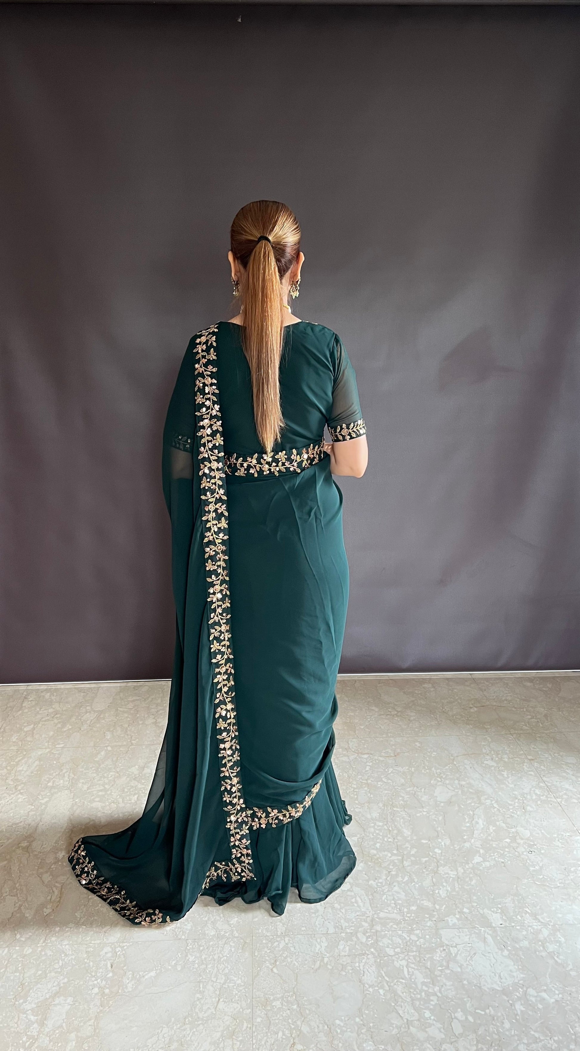 Teeya Creation Green Color Faux Georgette Fabric Heavy Embroidery Work Gown Style Fully Stitched Saree
