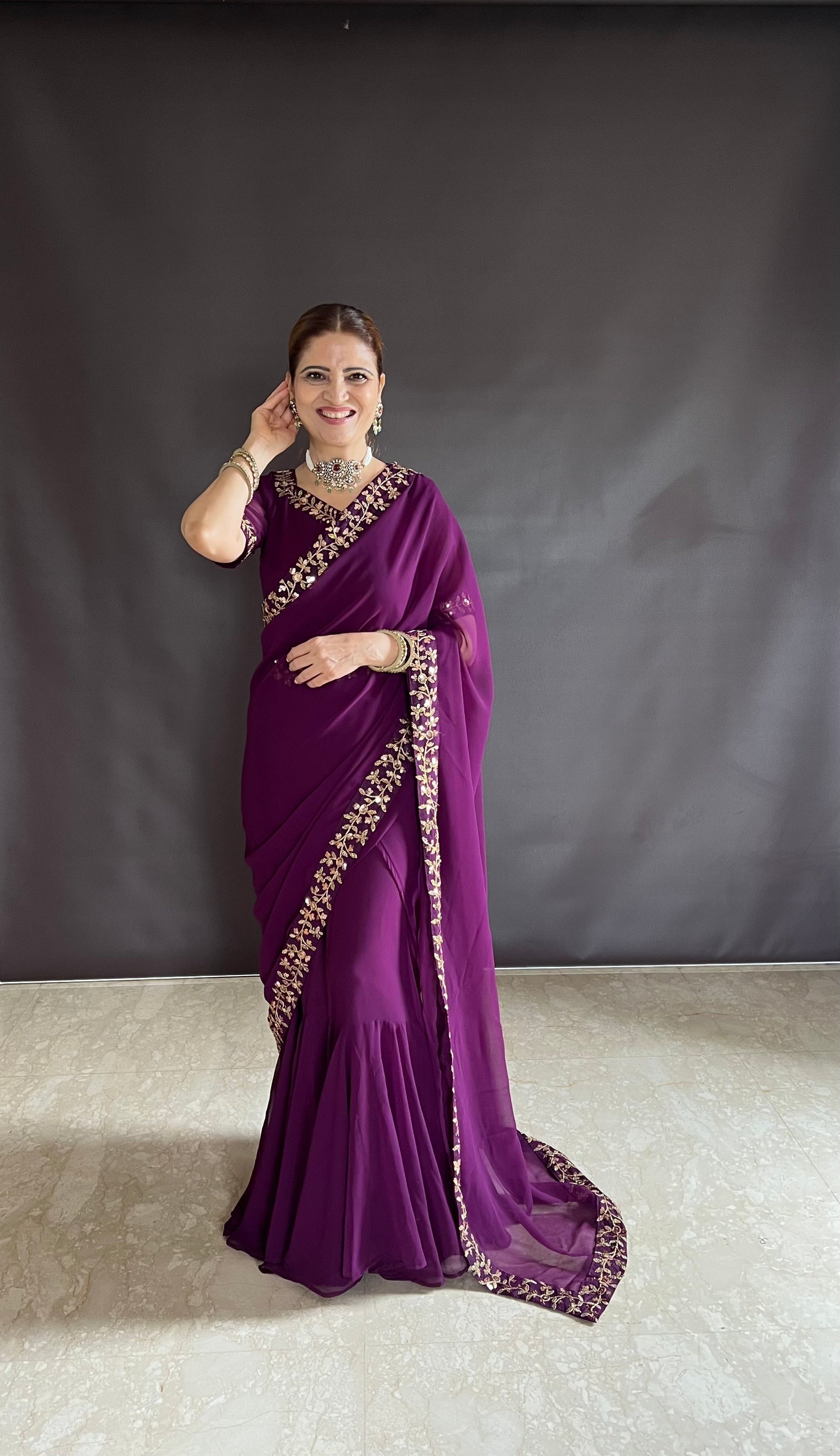 Teeya Creation Rani Color Faux Georgette Fabric Heavy Embroidery Work Gown Style Fully Stitched Saree
