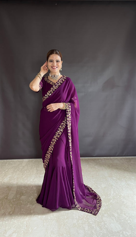 Teeya Creation Rani Color Faux Georgette Fabric Heavy Embroidery Work Gown Style Fully Stitched Saree