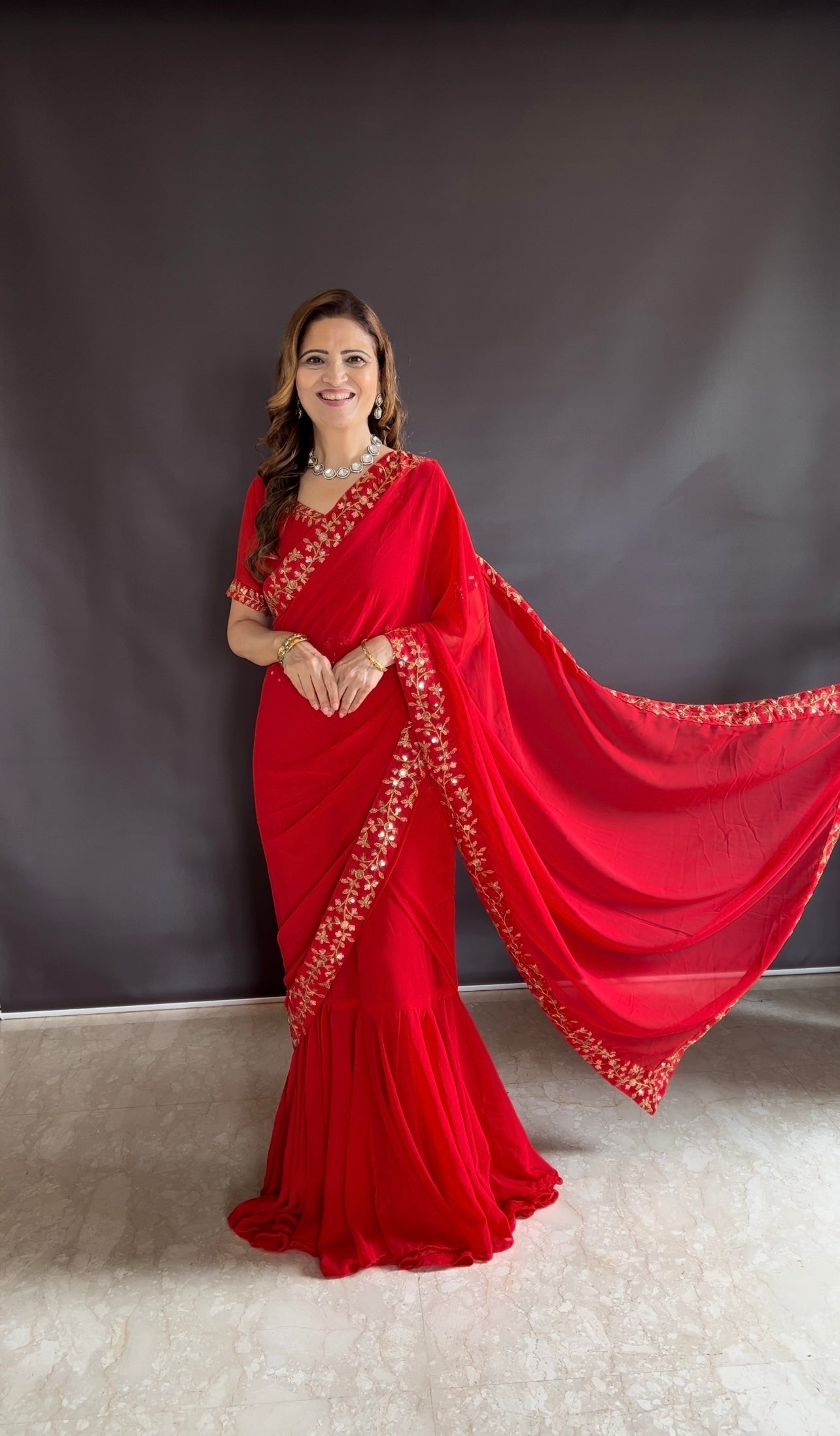 Teeya Creation Red Color Faux Georgette Fabric Heavy Embroidery Work Gown Style Fully Stitched Saree