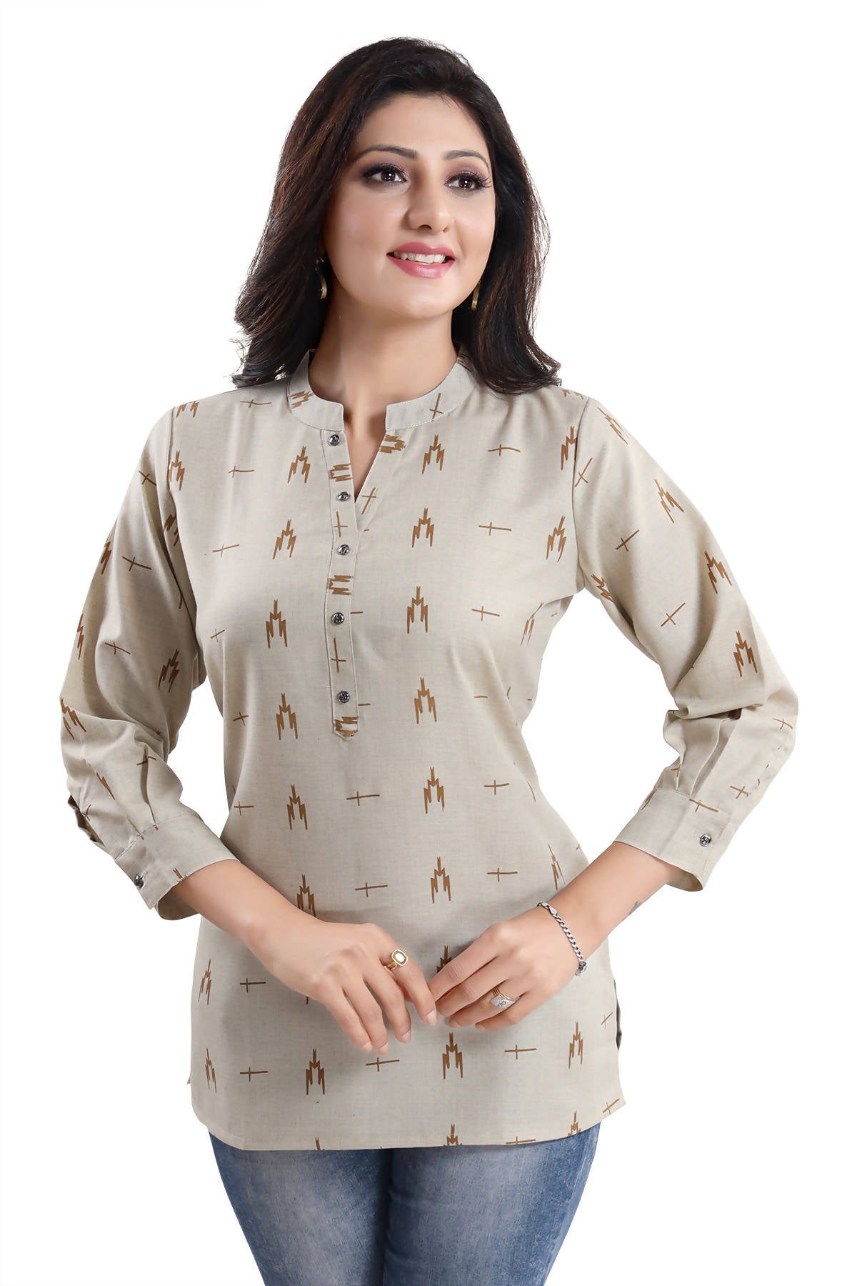 Snehal Creations Beige Cotton Blended Casual Short Tunic Top