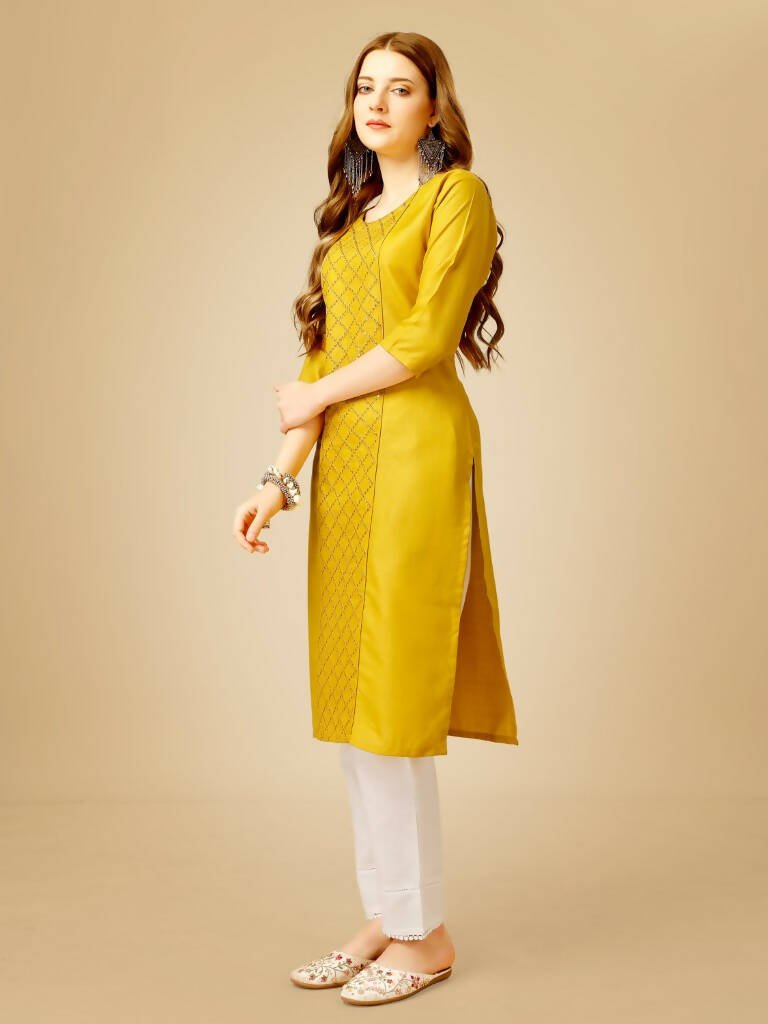 Aastha Fashion Women's Yellow Cotton Blend Embroidered Kurta Pant Set - Grab2buy