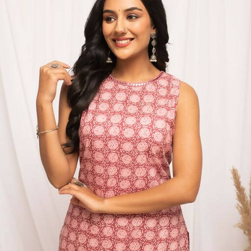 FIORRA Women's Floral Printed Pink Cotton Straight Kurta 