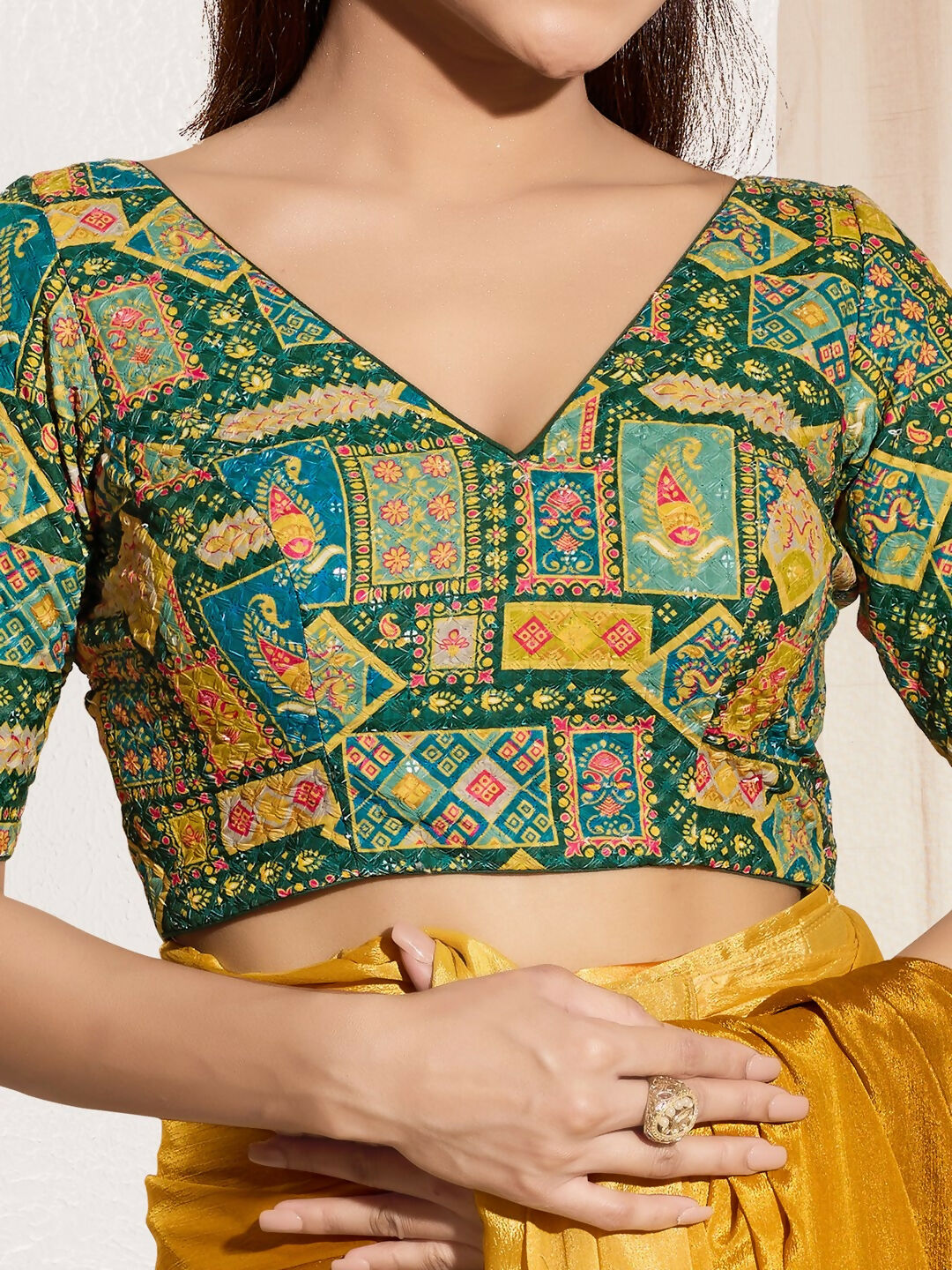Joban Fashion Bottle Green Viscose Rayon Padded Blouse With V Neck Elbow Sleeves