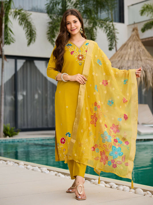 The52 Yellow Women's Gorgeous Embroidered work Viscose Gadhwal Fabric Straight Kurta, Pant and Dupatta Set | Grab2Buy