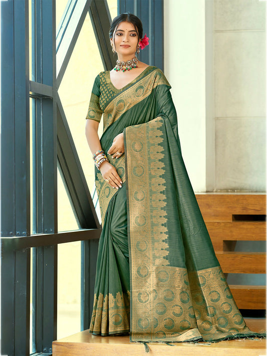 Sangam Prints Dark Green Assam Silk Woven Work Traditional Saree