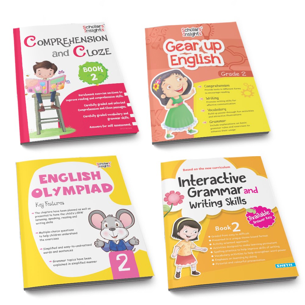 Grade 2 Ultimate English Combo Practice Workbooks Set of 4: Grammar, Writing Skills, Olympiad Prep, and Gear Up English| Ages 7-8 Years 