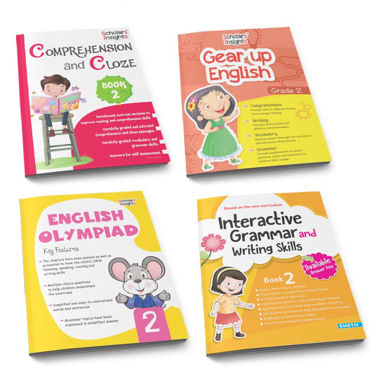 Grade 2 Ultimate English Combo Practice Workbooks Set of 4: Grammar, Writing Skills, Olympiad Prep, and Gear Up English| Ages 7-8 Years 