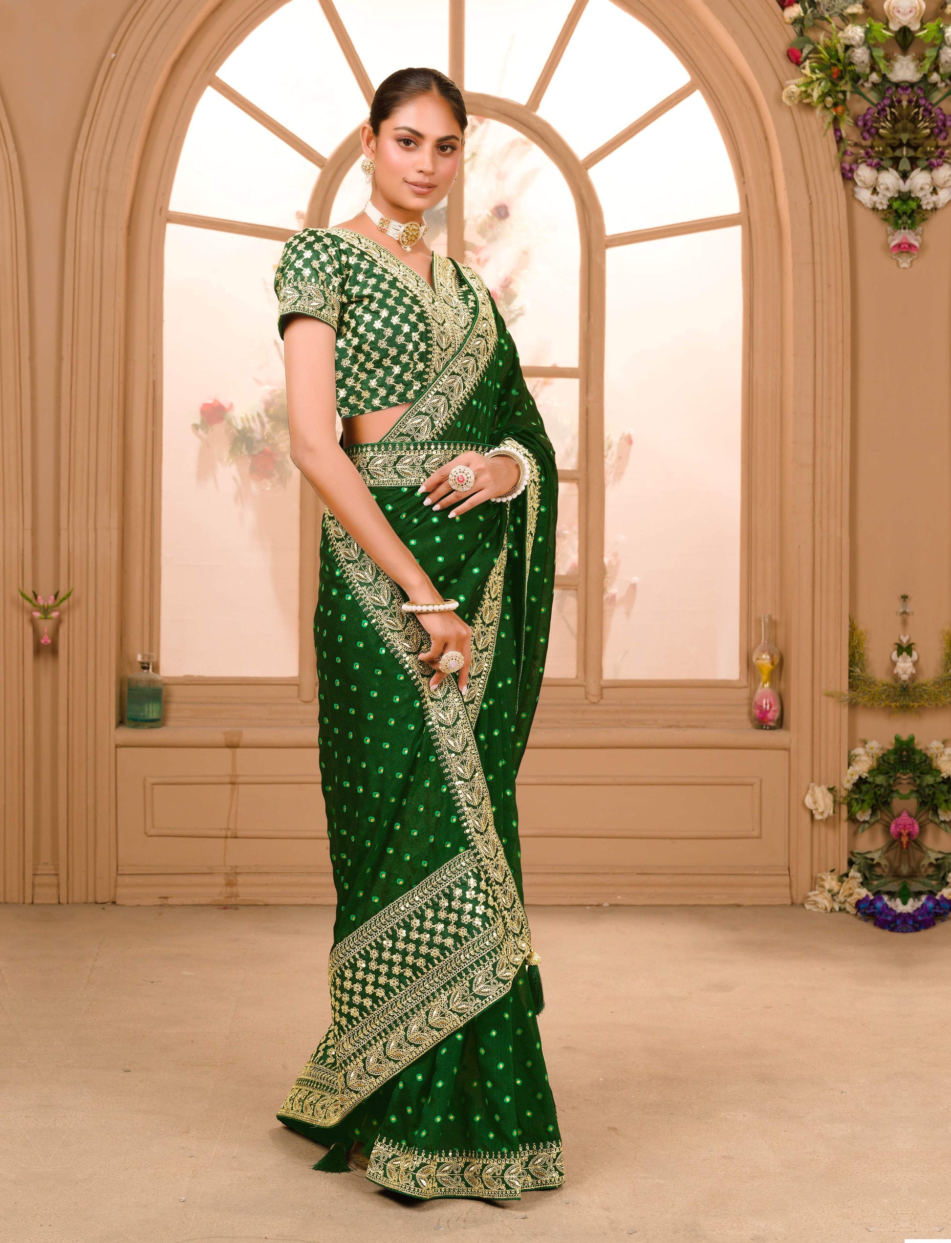 Teeya Creation Green Color Chinnon Silk Heavy Embroidery Work Saree