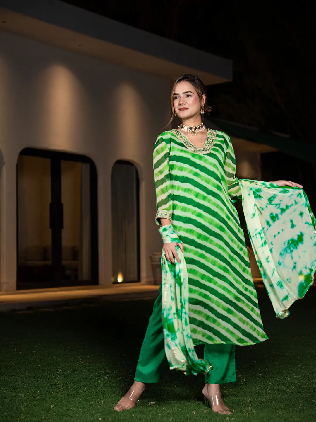 Yufta Green Leheriya Print Poly Georgette Straight Suit Set  Grab2Buy Yufta Grab2Buy