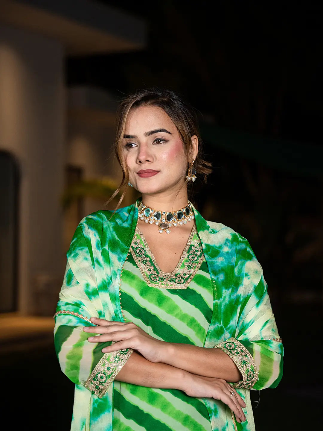 Yufta Green Leheriya Print Poly Georgette Straight Suit Set  Grab2Buy Yufta Grab2Buy
