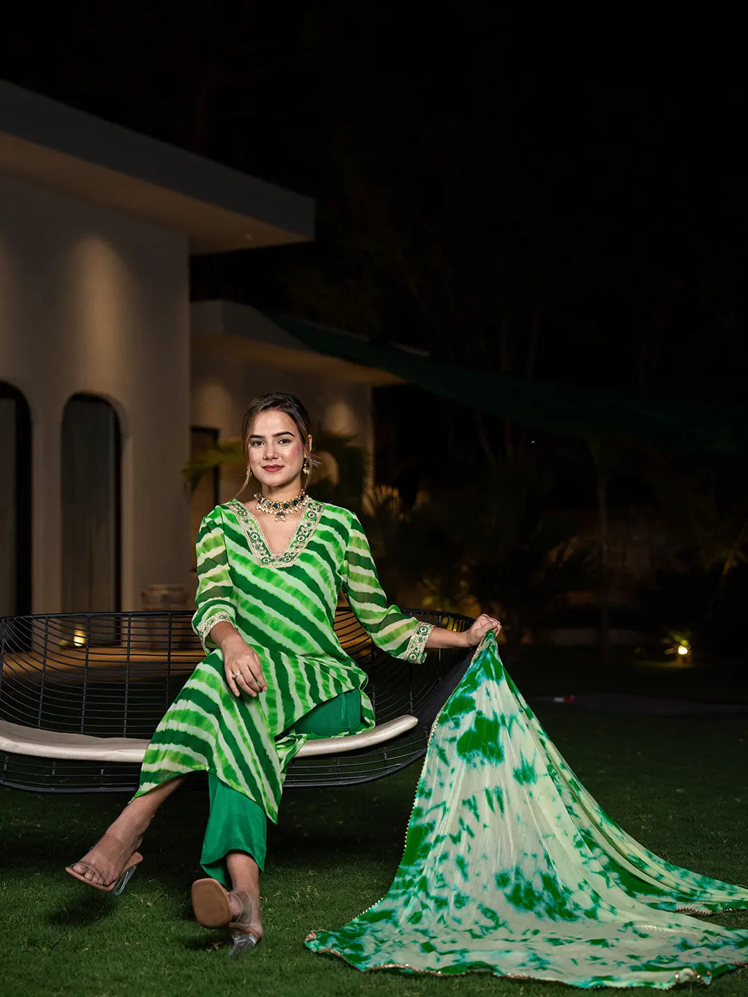 Yufta Green Leheriya Print Poly Georgette Straight Suit Set  Grab2Buy Yufta Grab2Buy