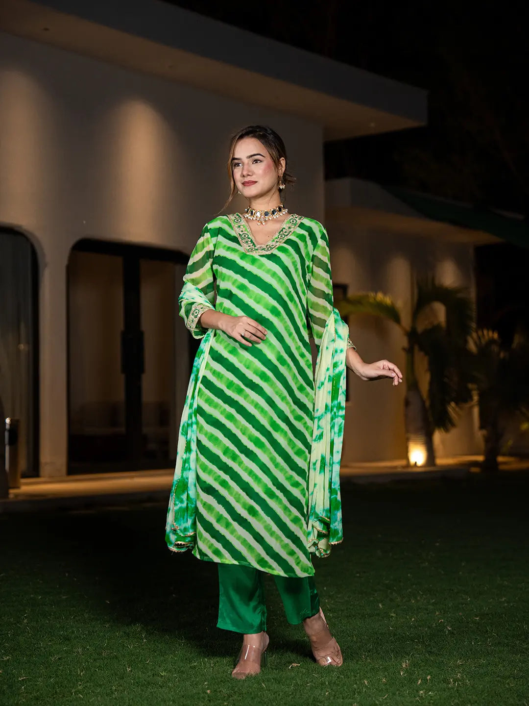 Yufta Green Leheriya Print Poly Georgette Straight Suit Set  Grab2Buy Yufta Grab2Buy