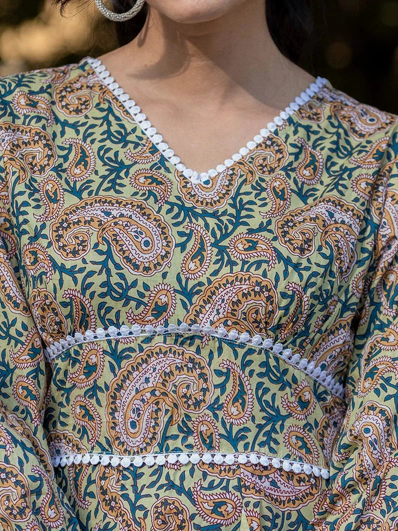 Yufta Green Pure Cotton Paisley And Tassels Were Dress  Grab2Buy Yufta Grab2Buy