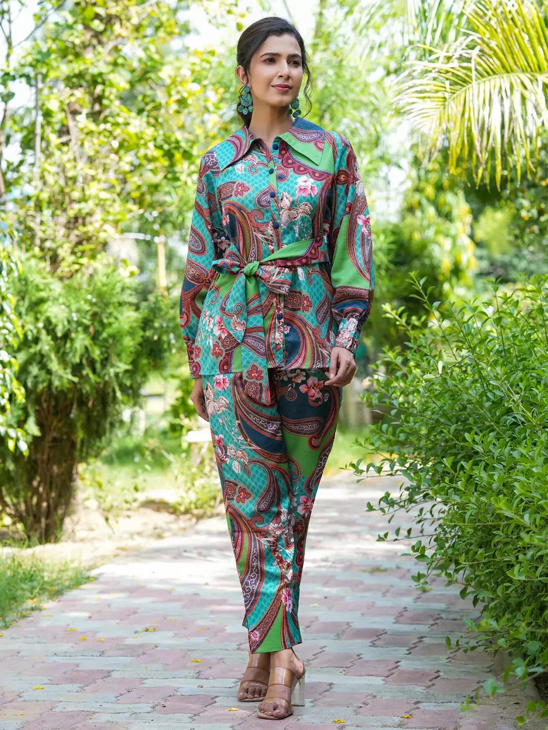 Yufta Green and Turquoise Blue Printed Satin Co-Ords 