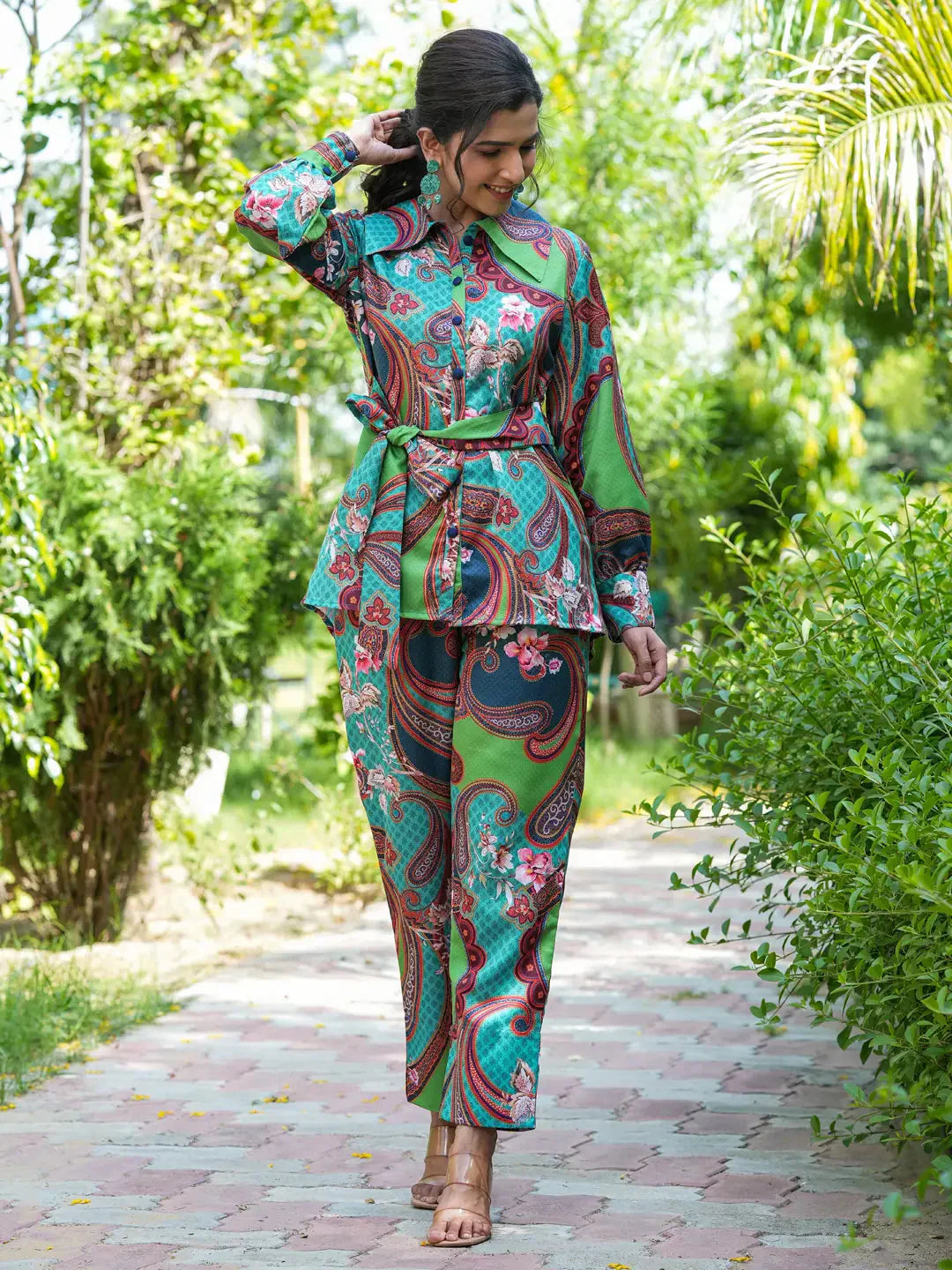 Yufta Green and Turquoise Blue Printed Satin Co-Ords 