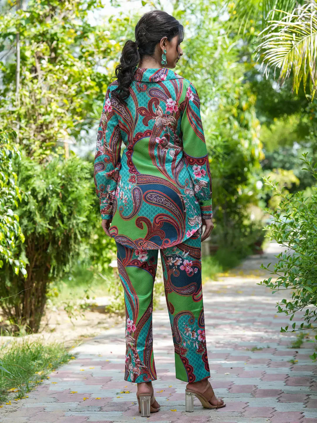 Yufta Green and Turquoise Blue Printed Satin Co-Ords 