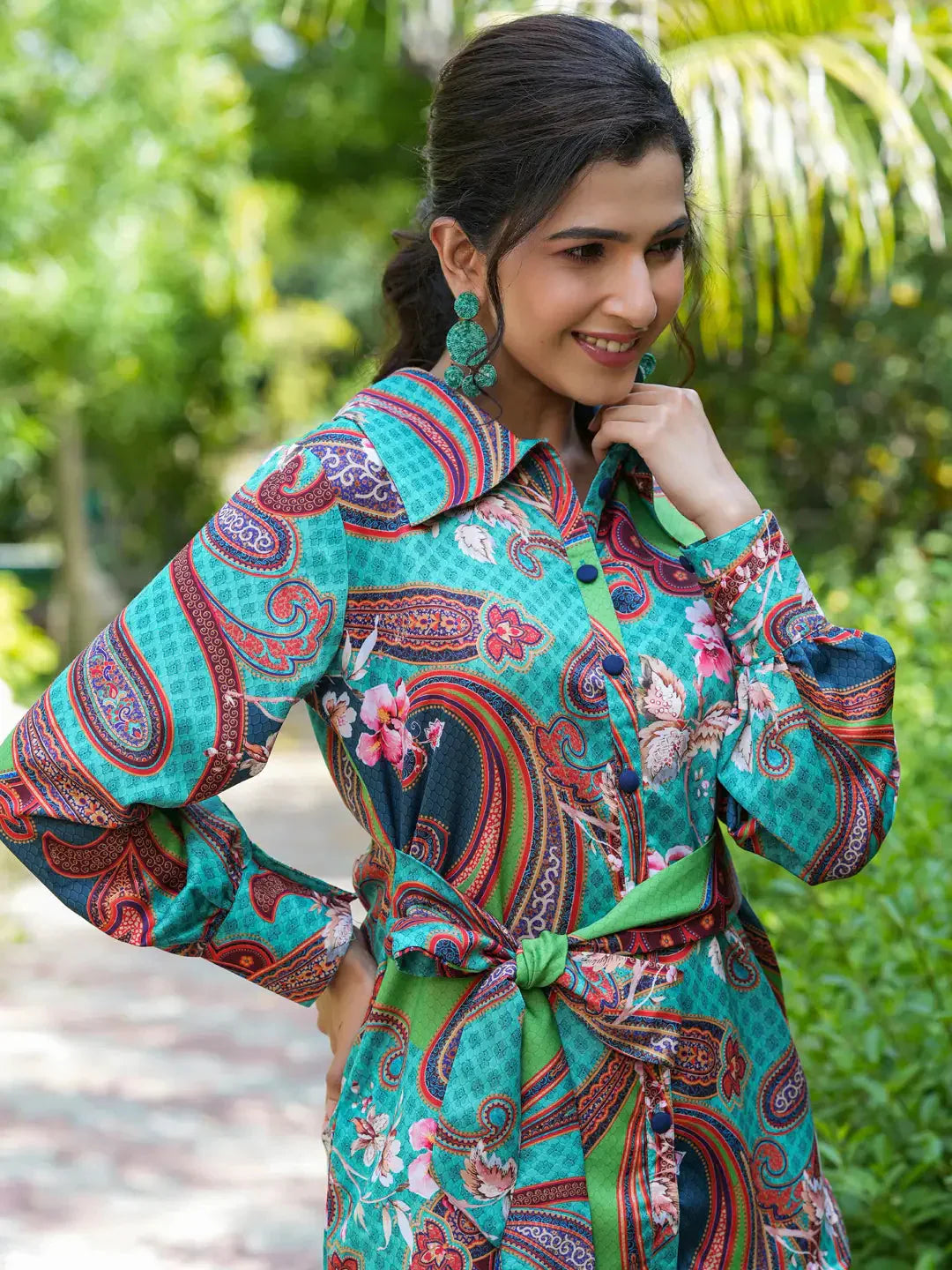 Yufta Green and Turquoise Blue Printed Satin Co-Ords 