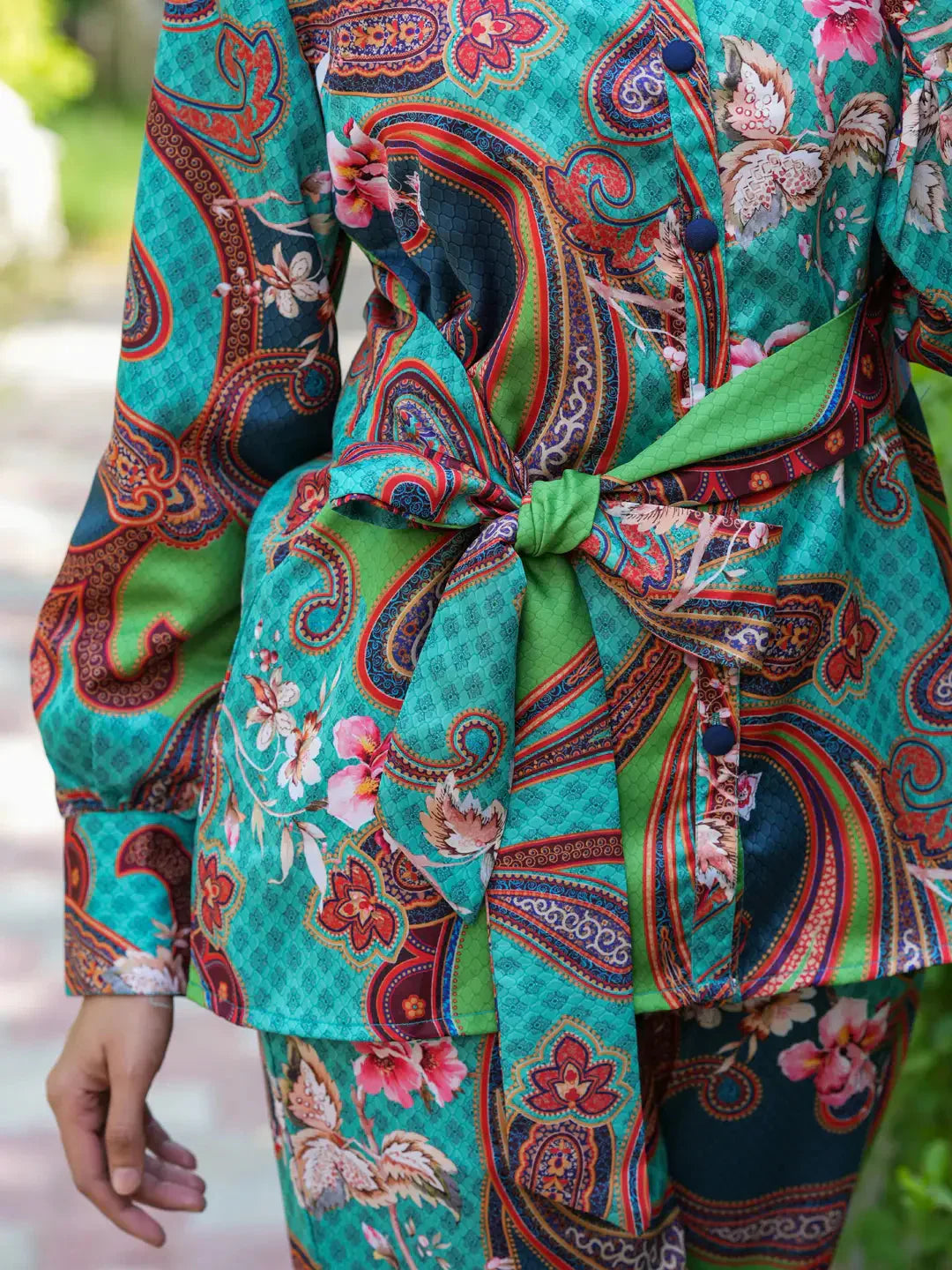 Yufta Green and Turquoise Blue Printed Satin Co-Ords 