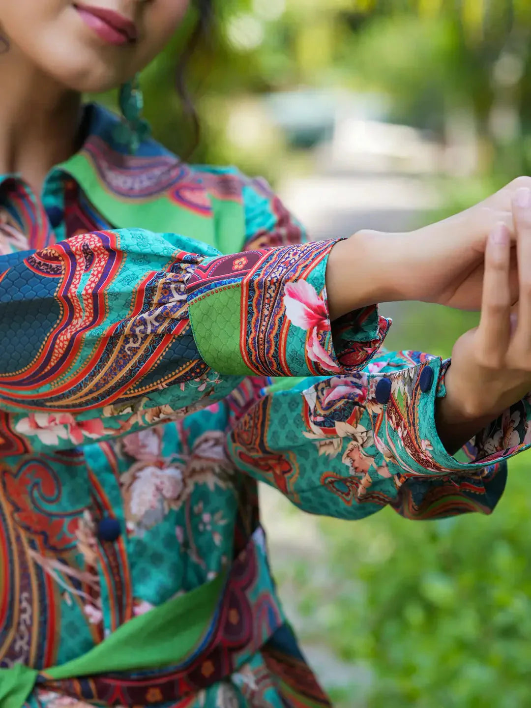 Yufta Green and Turquoise Blue Printed Satin Co-Ords 