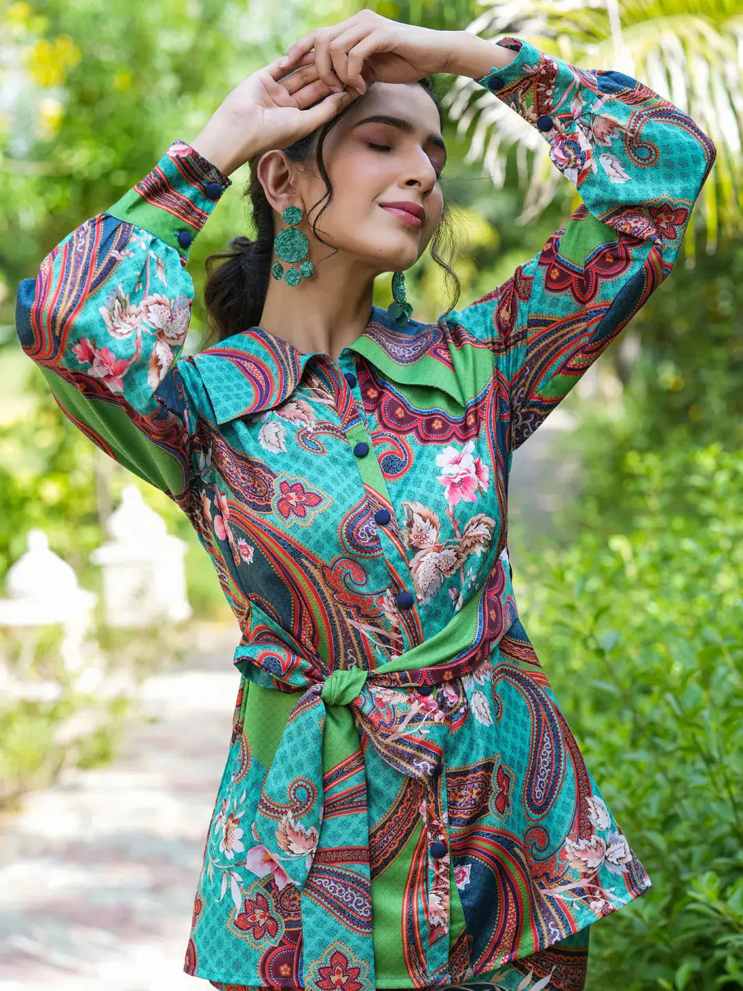 Yufta Green and Turquoise Blue Printed Satin Co-Ords 