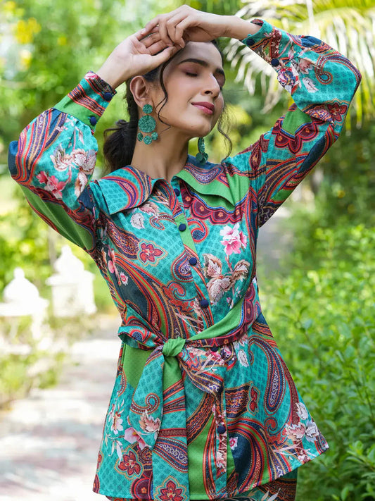 Yufta Green and Turquoise Blue Printed Satin Co-Ords 