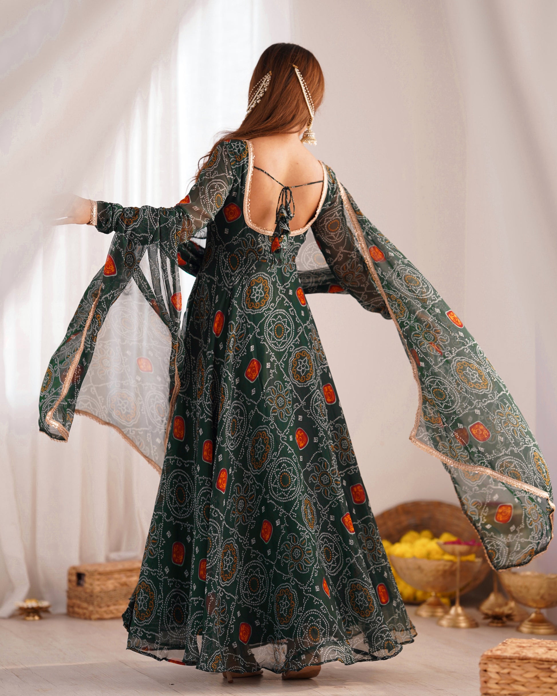 Lorenvalley Women Soft Lightweight Chiffon Bandhej Print Fabric Anarkali Kurta Pant With Dupatta Set