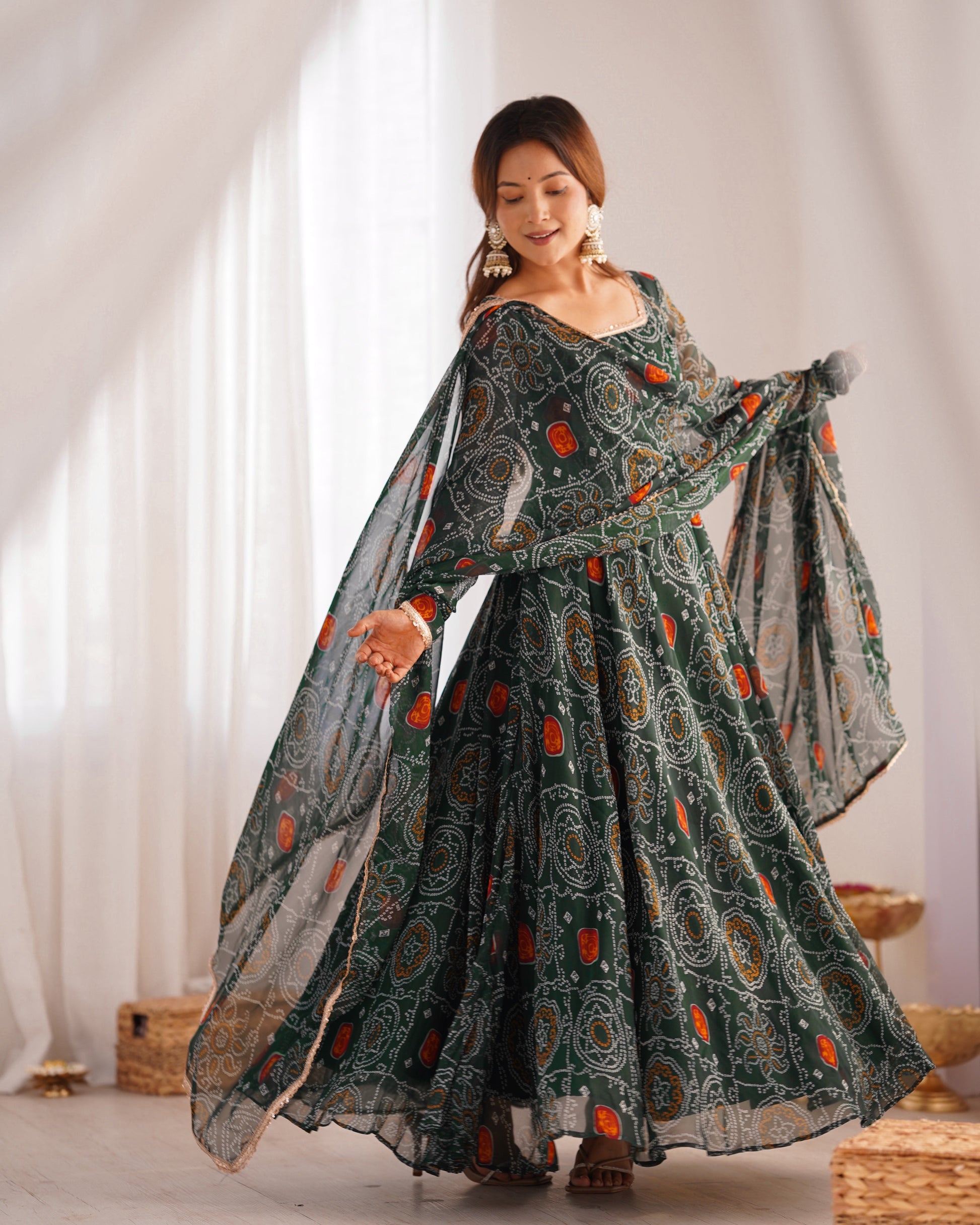 Lorenvalley Women Soft Lightweight Chiffon Bandhej Print Fabric Anarkali Kurta Pant With Dupatta Set
