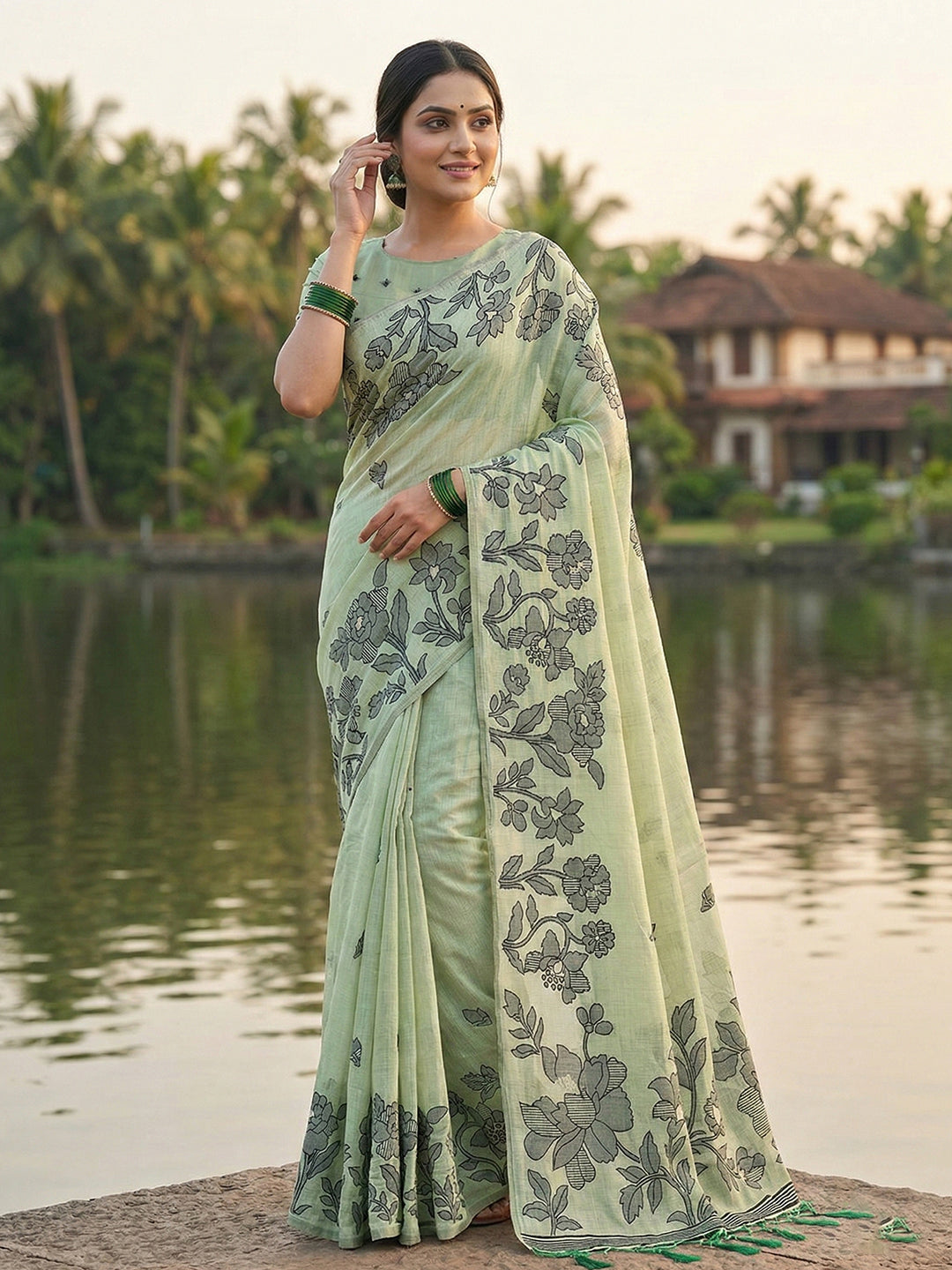 Anaita Green Linen Printed Saree With Blouse