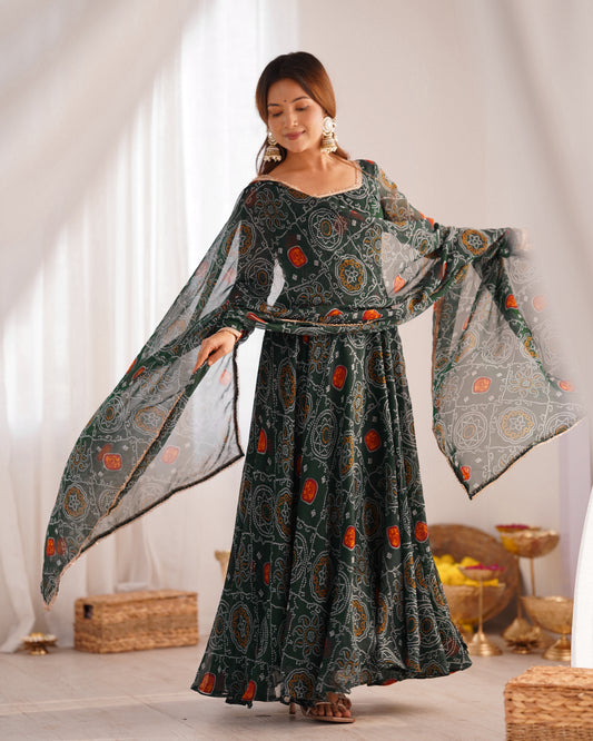 Lorenvalley Women Soft Lightweight Chiffon Bandhej Print Fabric Anarkali Kurta Pant With Dupatta Set