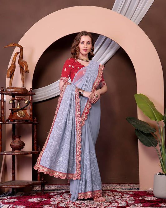 Teeya Creation Grey Color Georgette Fabric Chikankari Work Saree
