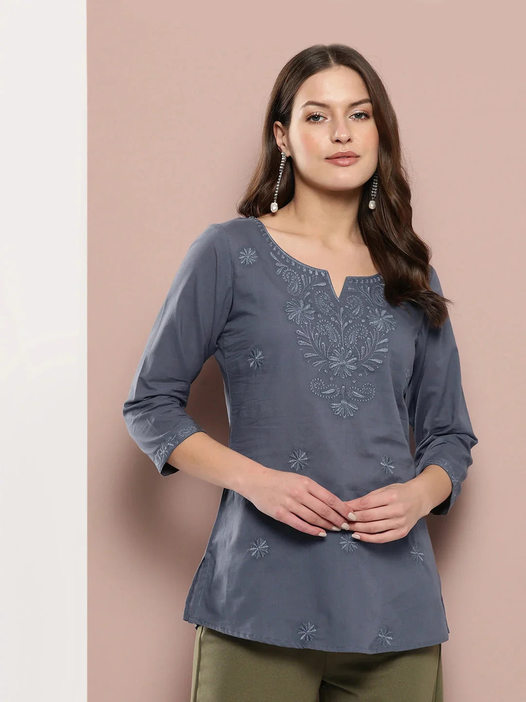 Yufta Grey Floral Chikankari Embroidered Pure Cotton Top  Grab2Buy Yufta Grab2Buy