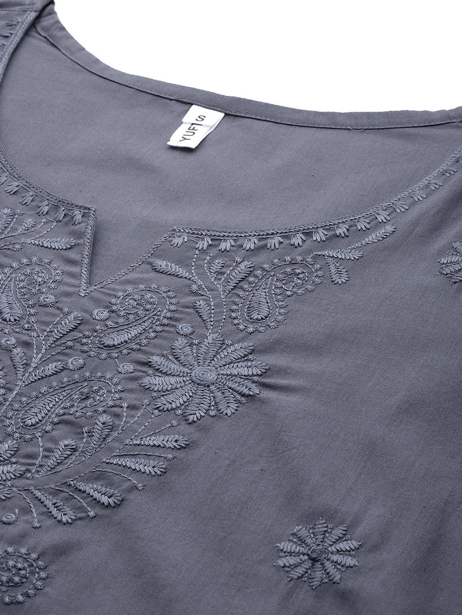 Yufta Grey Floral Chikankari Embroidered Pure Cotton Top  Grab2Buy Yufta Grab2Buy