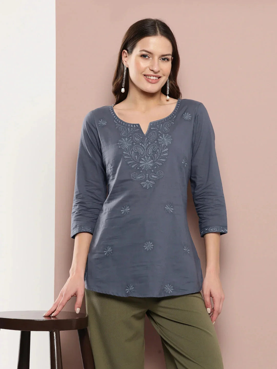 Yufta Grey Floral Chikankari Embroidered Pure Cotton Top  Grab2Buy Yufta Grab2Buy