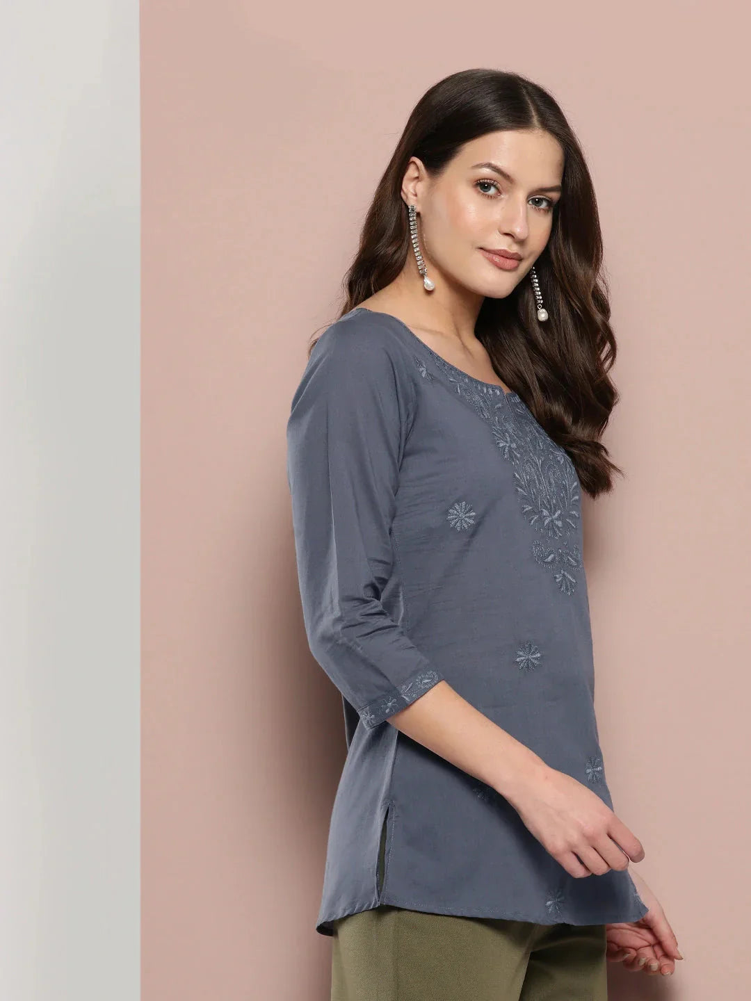 Yufta Grey Floral Chikankari Embroidered Pure Cotton Top  Grab2Buy Yufta Grab2Buy