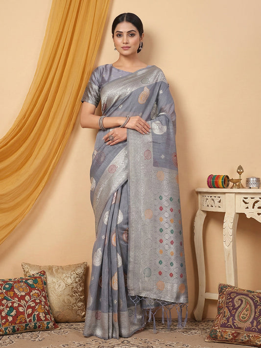 Anaita Grey Linen Woven Work Saree With Blouse