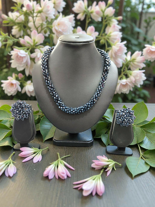 Inhanns Noor-E-Jalwa – Handmade Crystal Bead Necklace / Necklace With Earrings -Adjustable - Navy Blue