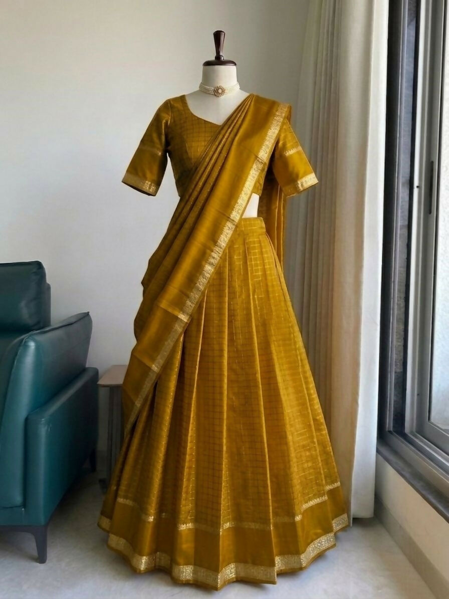 Teeya Creation New South Indian Silk Checked Half Saree Lehenga Choli with Zari Border-Yellow