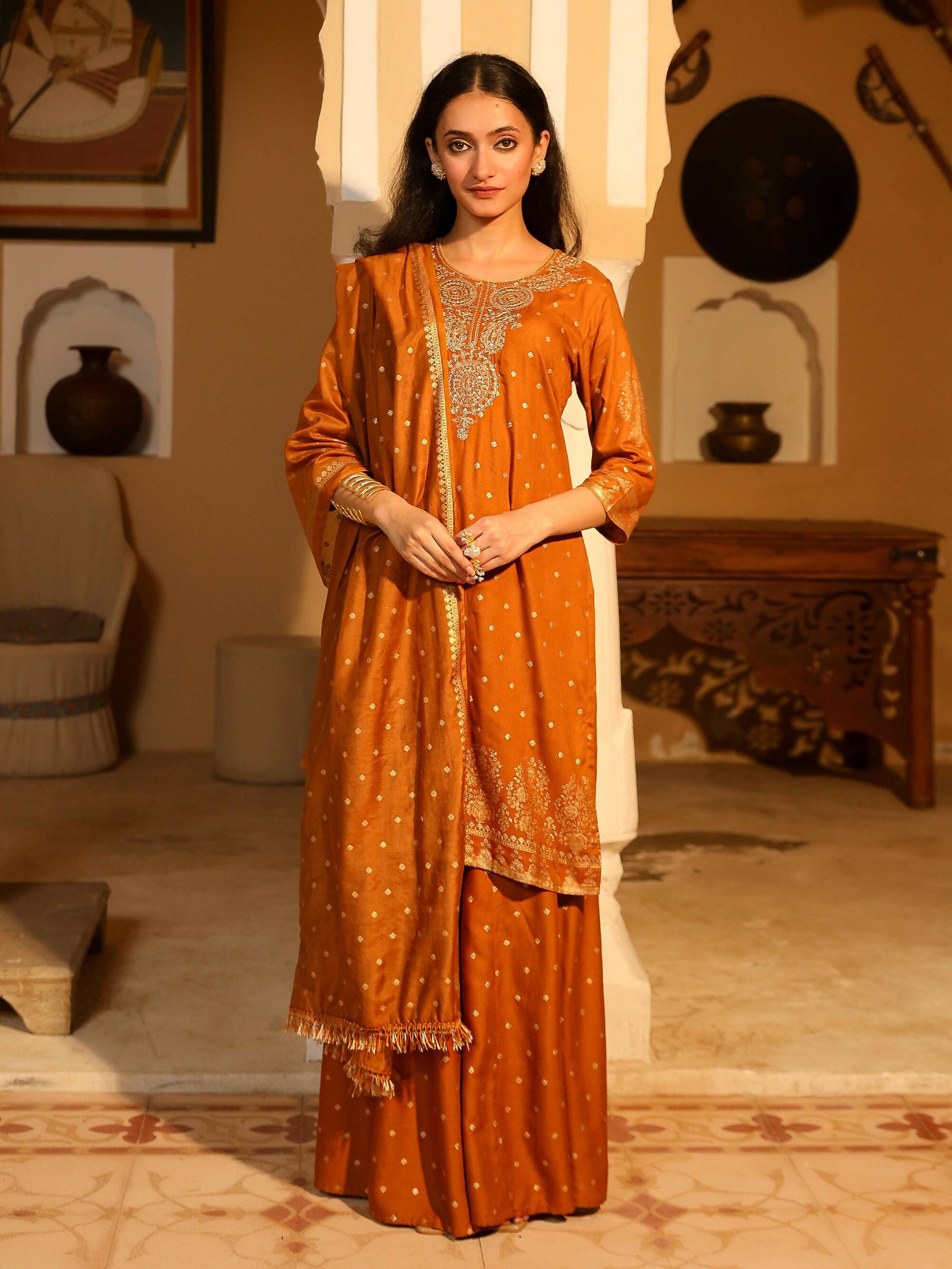 Juniper Women's The Swarn Mustard Ethnic Motif Printed Rayon Kurta Pant And Dupatta With Zari Work & Sequins