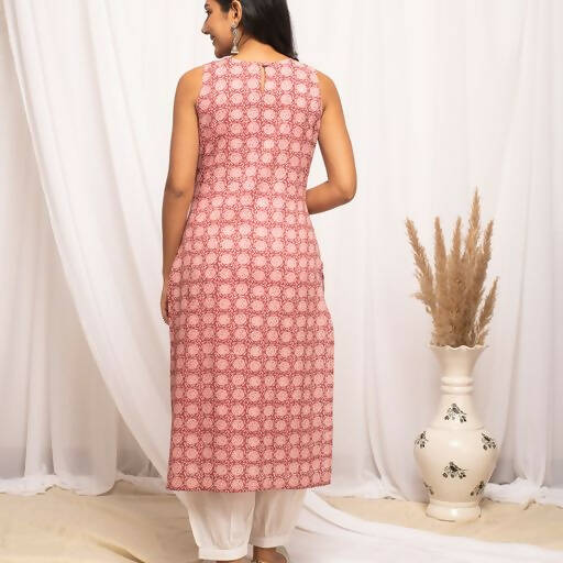 FIORRA Women's Floral Printed Pink Cotton Straight Kurta 
