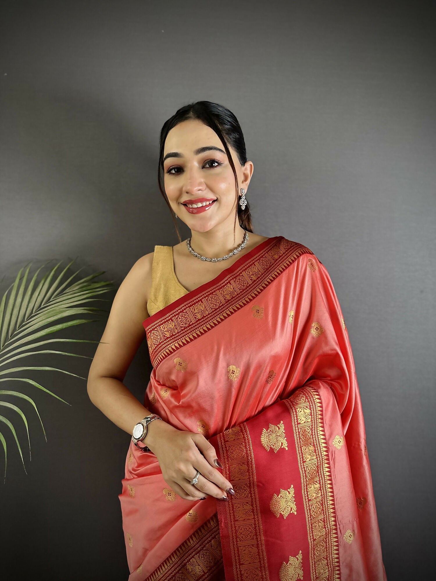 Joban Fashion Peach Banarasi Soft Silk Woven Butti Saree | Swadesiicart