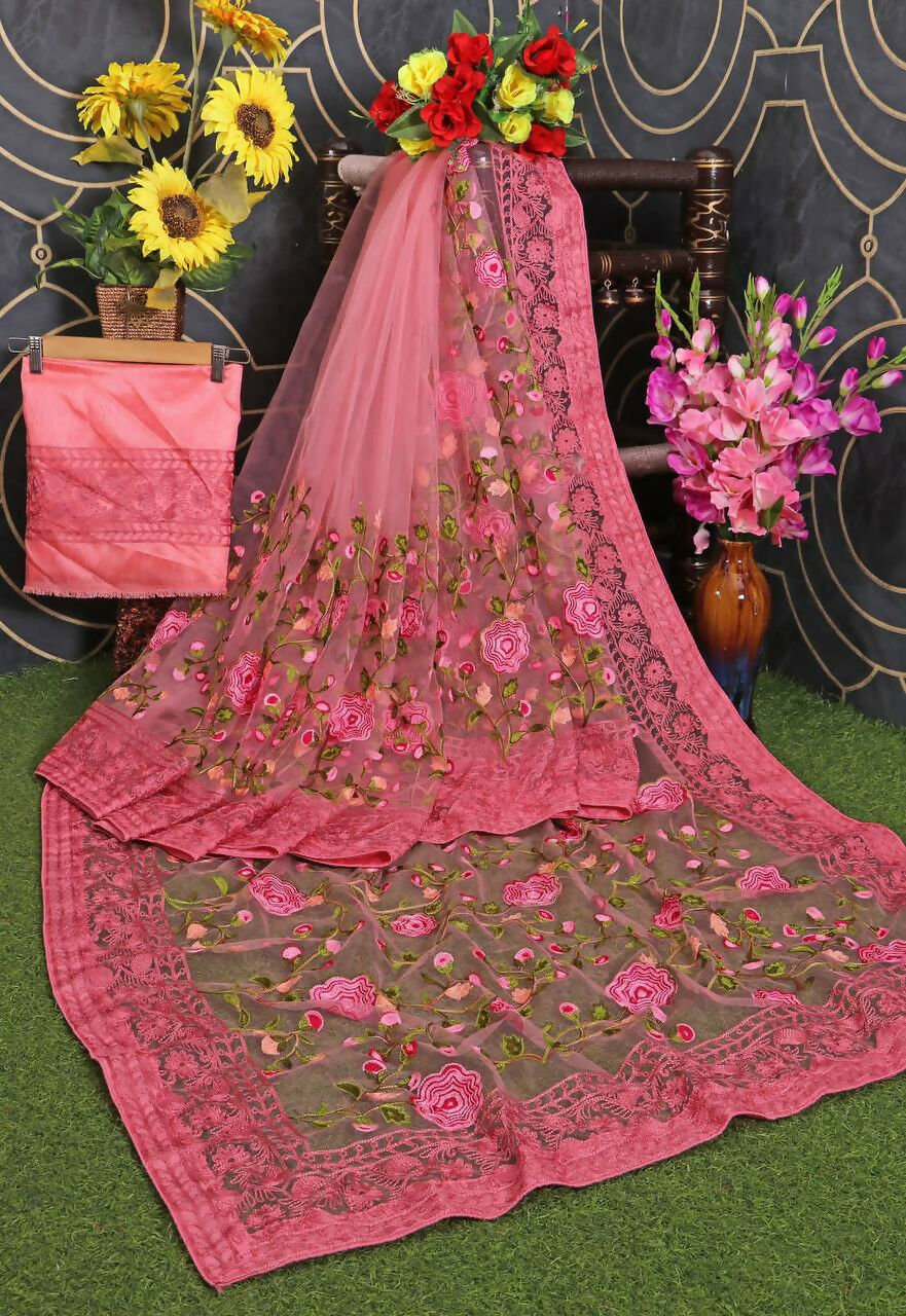 Teeya Creation Womens Latest Stylish Party Wear Soft Net Saree-Pink