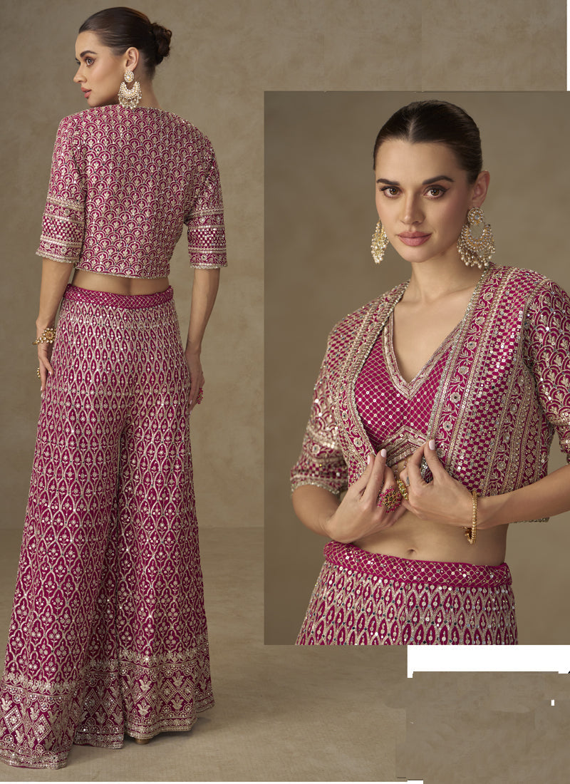 Vegaa Fashion Pink Georgette Embroidered & Hand Work Jacket Style Co-Ord Set 